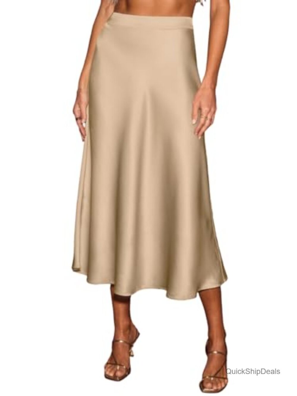 Satin A-Line Midi Skirt High Waist Hidden Zip Flowy